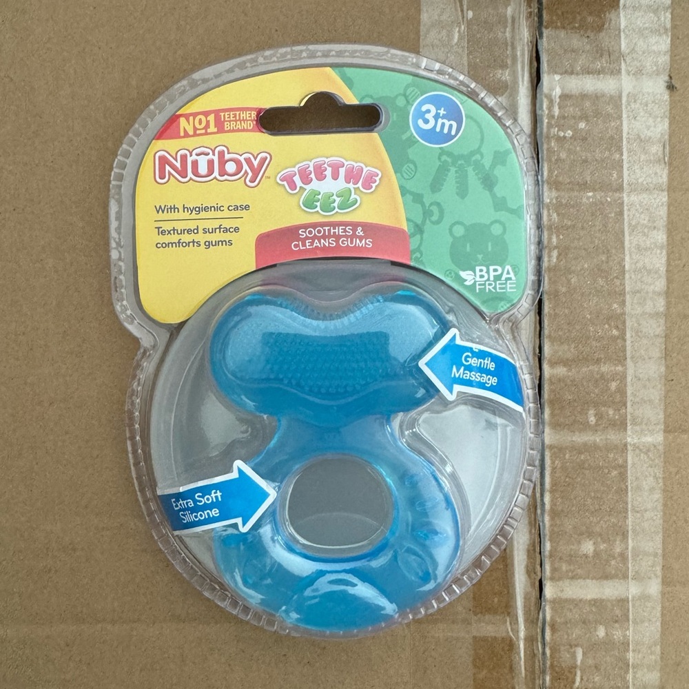 3 Nuby Silicone Teethe-EEZ Teether with Bristles, Includes Hygienic Case, Blue